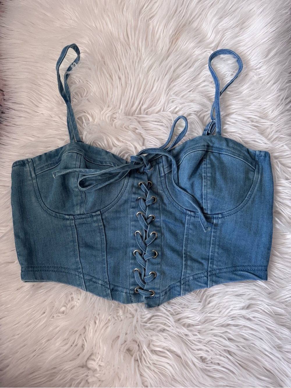 blue denim lace up bustier crop top